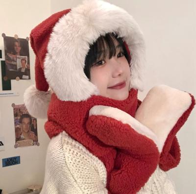 China Long Winter Plush Winter Warm Thick Warm Pom Red Christmas Hat Scarf Gloves Set for sale