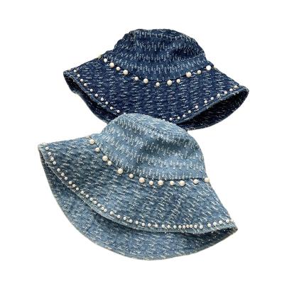 China Picture fashion high quality wholesale denim bead foldable distressed fringe hats for women bucket hats for sale