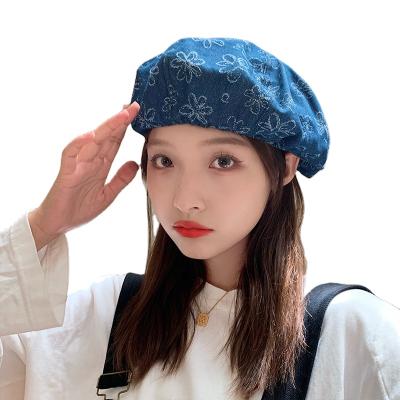 China Popular Image High Quality Textured Elastic Women Retro Cloud Floral Blue Denim Ladies Berets for sale