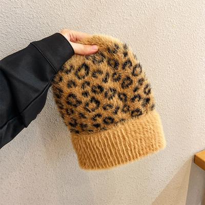 China COMMON Leopard Print Plush Beanie Hats For Women Winter Warm Knitted Popular Trend for sale