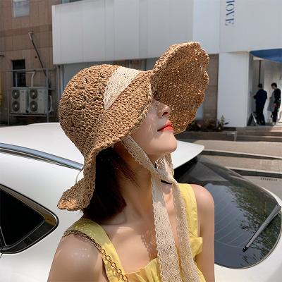 China Holiday Foldable Sun Straw Hats For Women Soft Character Gorras Summer Beach Lace Ribbon for sale