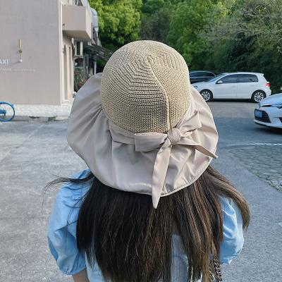 China High Quality Foldable Bow Straw Hats For Women With Character Sunscreen Black Gel Sunscreen Summer Beach Mesh Top Hat Gorras Floppy Bow for sale