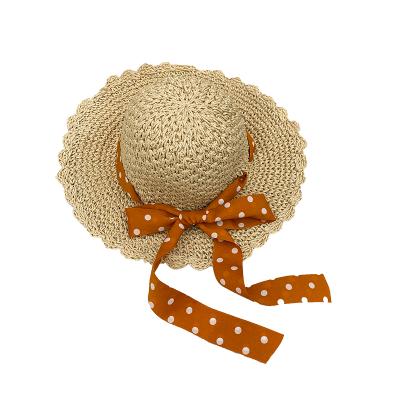 China Foldable Hat Gorras Straw Hats For Women Floppy Summer Beach Dot Wave Dot Ribbon for sale