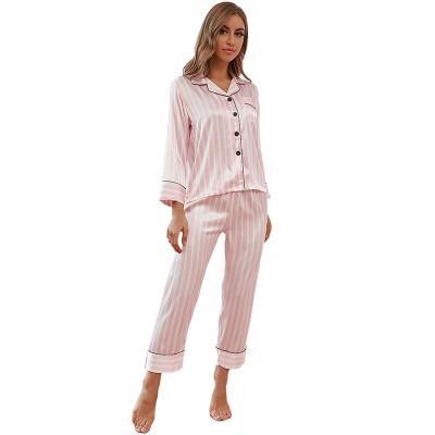 China QUICK DRY ice silk pajamas ladies summer striped long sleeve pants suit home wear female two piece pajamas for sale