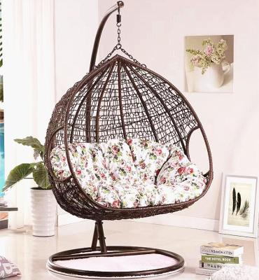 China Super Comfortable High Quality Outdoor Double Seat Egg Swing Hanging Chair With Cushion Patio Rattan Basket Chair With Metal Stand for sale