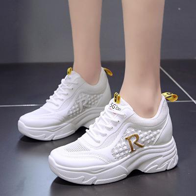 China Women Mesh Height Increasing Sneakers 2022 Fashion Trend Lace Up Casual Ladies Shoes High Heels Hidden Wedges Sports Breathable Women Shoes for sale