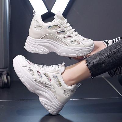 China Women Mesh Height Increasing Sneakers 2022 Fashion Trend Lace Up Casual Ladies Shoes High Heels Hidden Wedges Sports Breathable Women Shoes for sale