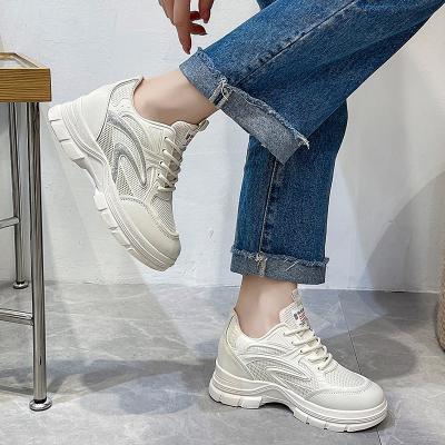 China Women Mesh High Heel Sneakers 2022 Fashion Trend Lace Up Casual Ladies Shoes High Heels Hidden Wedges Sports Breathable Women Shoes for sale