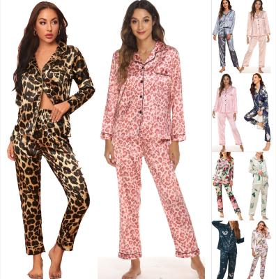 China QUICK DRY Leopard Silk Pajamas For Women's Satin Pajamas Set Casual Nightgowns Comfortable Animal Loungewear Sleepwear Long Sleeve for sale