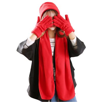 China Factory Wholesale Custom Long Logo Polyester Winter Fleece Solid Color Scarf Hat Glove Sets for sale