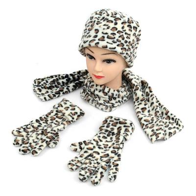 China Wholesale custom winter long logo polyester fleeceJacquard leopard scarf hat glove sets for outdoor for sale