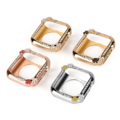 China Flower Diamond Shockproof Watch Case For Apple Watch 7 6 5 44mm 45mm Girl And Women iwatch Luxury Bling Protective Shell for sale