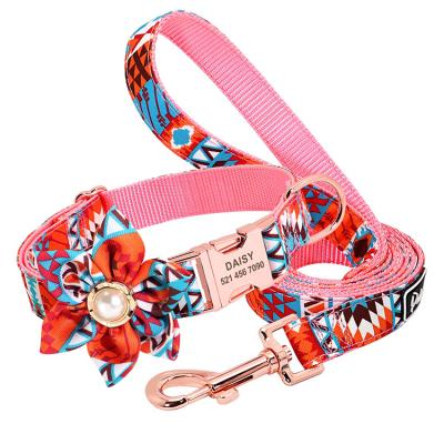 China Hot Sale Custom Tag Viable Cute Flower Printed Nylon Dog Collar Personalized Adjustable Dog Collar Leash Set for sale