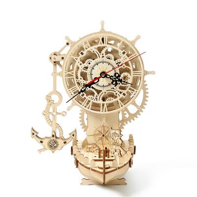 China Eco-friendly Laser Cutting The Pirate ship clock Corsair Puzzle High quality children educational creative wooden birthday gift 3d puzzle for sale