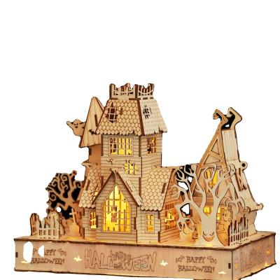 China Eco-friendly Laser Cutting Custom diy holiday gift cardboard puzzle Halloween House led lights wooden 3d wooden puzzle for sale