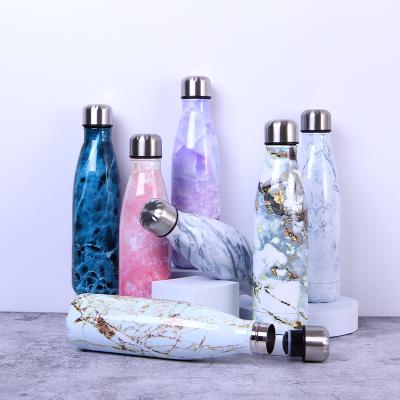 China Durable High Quality Dishwasher Safe Marble Paint Thermal Double Wall Cola Shape 304 Stainless Steel Water Bottle With Lid for sale