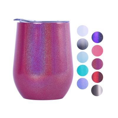 China Hot Selling Viable Double 12oz Wall Insulated Stainless Steel Glitter Wine Glass Tumbler Egg Shape Cups With Sliding Lid Custom Logo for sale