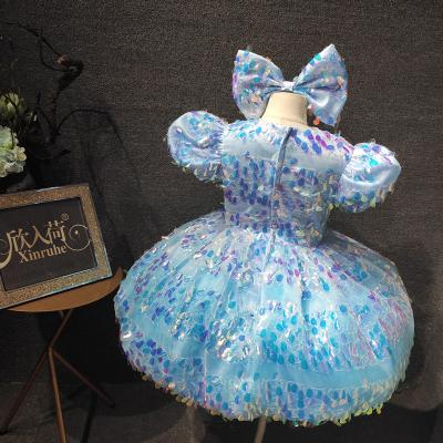 China Anti-wrinkle Clothing Sky Blue Children's Tutu Dress Sequin Host Princess Skirt Fluffy Girl Children Graduation Show Birthday for sale