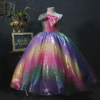 China Anti-wrinkle Children's Party Nine Shoulder Long Rainbow Princess Dress Performance Catwalk Piano for sale