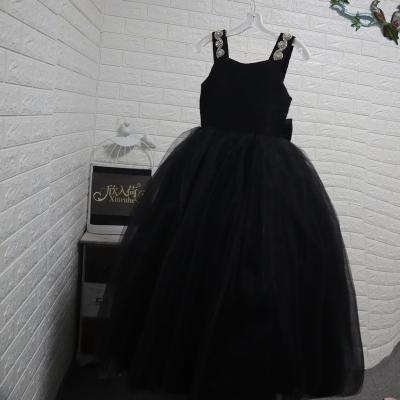 China Long Fluffy Piano Dress Black Diamond Host Girls' Evening Dress Backless Dress Wedding Regular Clothing And Accessories For Party for sale