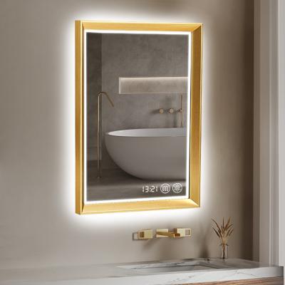 China Modern Touch Screen Bright Backlit Lead Bath Mirrors Smart Fog Light Bathroom Vanity Wall Mounted Glass Mirror With Gold Led Light Mirror for sale