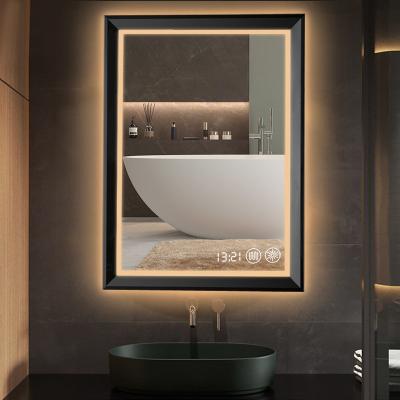 China Modern Touch Screen Bright Backlit Lead Bath Reflects Vanity Smart Fog Light Wall Bathroom Glass Mirror With Led Light Aluminum Mirror for sale