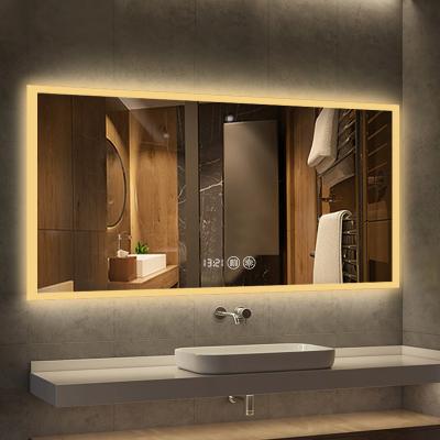 China Modern Touch Screen Illuminated Backlit Lead Bath Mirror Smart Fog Light Wall Mounted Rectangle Bathroom Vanity Glass Mirror With Led Light for sale