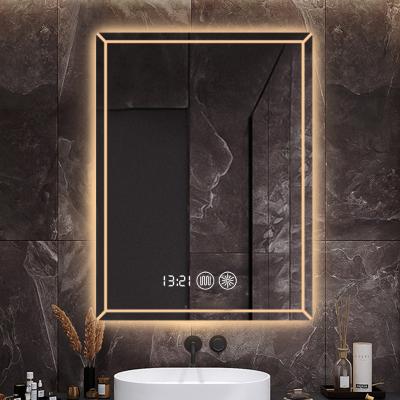 China Custom Modern Magnifying Demister Rectangle Smart Bathroom Led Lights Vanity Mirror With Time Display for sale