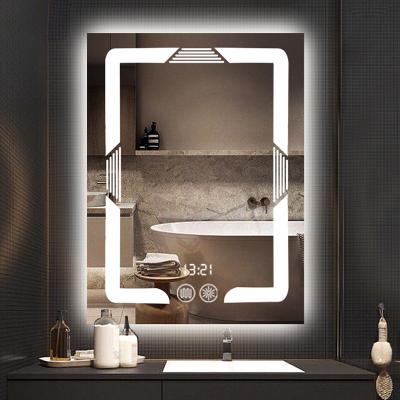 China Modern Touch Screen Bright Backlit Lead Bath Mirrors Smart Fog Light Wall Mounted Bathroom Vanity Glass Mirror With Led Light for sale