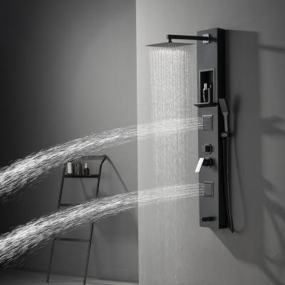 China Without Sliding Bar Black Round Body Sprays Bathroom Rain System Storage Shelf Shower Head Panel for sale