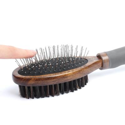 China Mechanical Wooden Double Sided Wash Pet Comb Beauty Products Stainless Steel Handle Bristle Brush Airbag Massage for sale