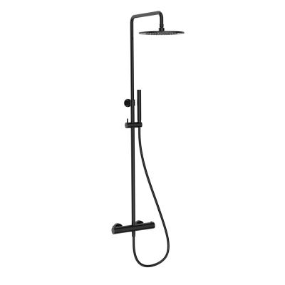 China Modern Black Wall Mounted Thermostatic Shower Mixer Exposed Bathroom Faucet Set With Shower Rainfall And Hand for sale