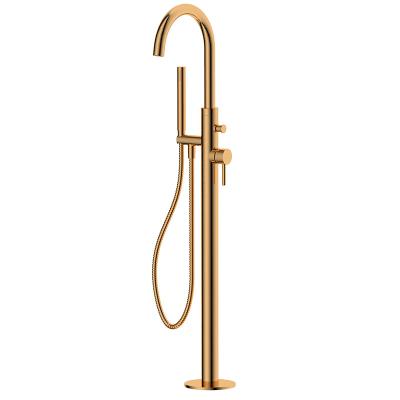 China Sliding Barless Swept Rose Gold Brass Freestanding Bathtub Spout Mixer With Diverter And Shower Holder Pull-Down Faucet for sale