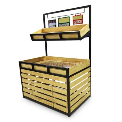 China Supermarket fruit vegetable display rack double sided wood and steel wood and steel for sale