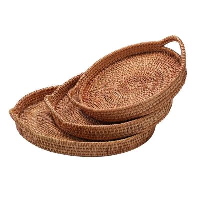 China Round Serving Tray Set Big 10Pcs Viable With Small Large Handle Rectangular Oval Bamboo Rattan Hand Woven Food - Woven Basket Dish for sale