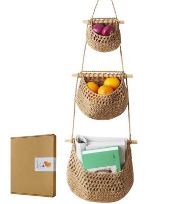 China Small Viable Hanging Basket Colorful Woven Office Hanging Organizer For Plant 4 Wicker Fruit Cabinet Hangings Jute Set Plants for sale