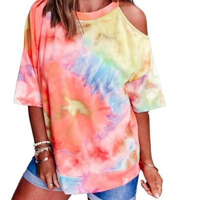 China Anti-pilling anti-pilling causal link dye women plus size fashion cotton printed off the shoulder T-shirts for sale