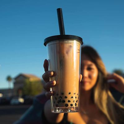 China Custom Acrylic Drinking Plastic Reusable Tumbler Stocked Double Wall Milk Boba Tea Cup Bubble Tea Cup With Straw for sale