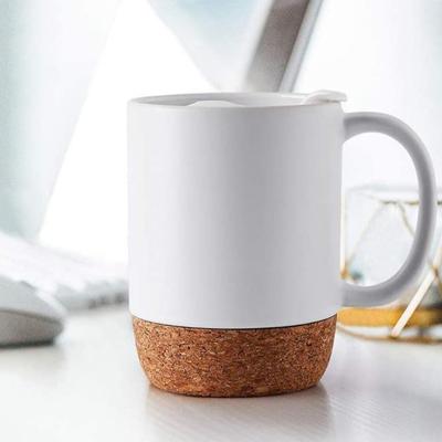 China Stocked Porcelain Mug Hot Sale Gift Cork Base Ceramic Cup Coffee Wood Mug With Lid for sale