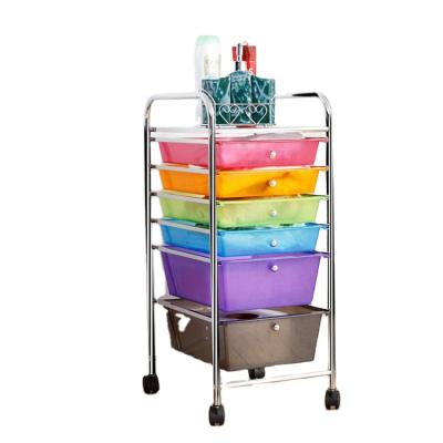 China Modern OEM Plastic 6 Drawers Rolling Metal Frame Storage Cart Bin Plastic Organizer With Flexible Wheels And Pullers for sale