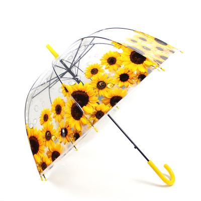 China Contemporary Custom Made Transparent Light Yellow POE Flower Umbrella With Printed Sunflower for sale