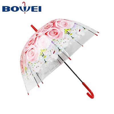 China New Poe Umbrella Style Rose Flower Print Transparent POE Birdcage Dome Umbrella For Lady for sale