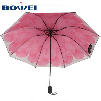 China Chinese Promotional Custom Cheap UV Folding Umbrella Protection 3 Small Folding Rain Flower Printed Inside Folding Umbrella for sale