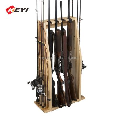 China KEYI Pine Wood Gun Rack Eco-Friendly Universal Long 4 8 Rod and Reel Combos Storage Fishing Freshwater Holder for sale