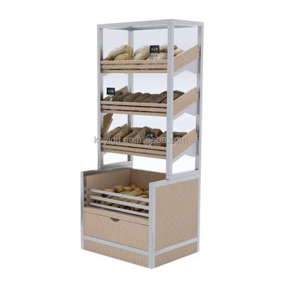 China Supermarket Floor Standing Stainless Steel Frame And Wooden Shelf Shop Furniture Bakery Bread Display for sale