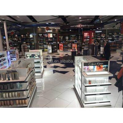 China Shopping Mall Mall Led Light Makeup Counter Gondola Shelves Wooden Perfume Rack Furniture Retail Cosmetic Display Rack for sale