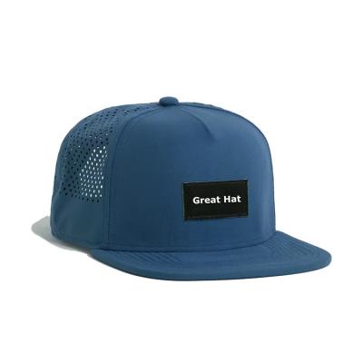 China breathable & Famous Brand Hydraulic Drilled Cap Performance Waterproof Perforated Mesh Caps Polyester Rubber Patch Panel Golf 5 Sporty Laser Cut Cap for sale