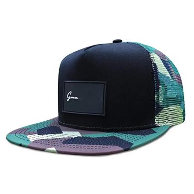 China COMMON Custom 5 Panel All Camouflage Printed Trucker PVC Patch Trucker Mesh Cap Hat for sale