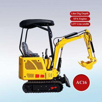 China Building Material Shop Chinese Mini Digger 1.2T Small RC Garden Excavators AC16 Digging Machine With Excavator Accessories for sale