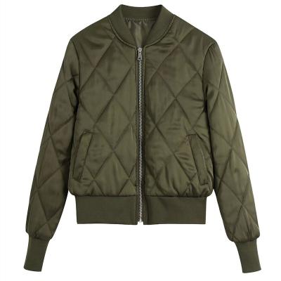 China Olive Green Diamond QUICK DRY Lattice Stitched Stretch Satin Shape Memory After Wash Women Winter Bomber Flight Jacket for sale